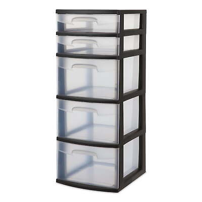 #ad Plastic 5 Drawer Tower Black with Clear Drawers Adult $23.71