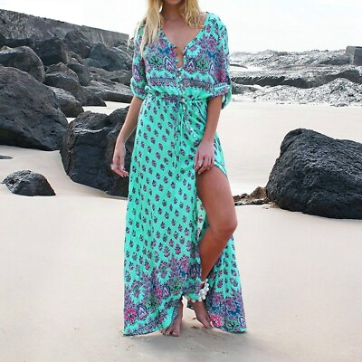 #ad #ad Women#x27;s Casual Sundress Boho Beach Slit Long Maxi Floral Summer Beach Dress $18.99