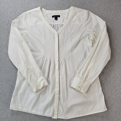 #ad Lands#x27; End Blouse Hidden Button Up Pleated Front White L S Cotton Womens M 10 12 $14.71