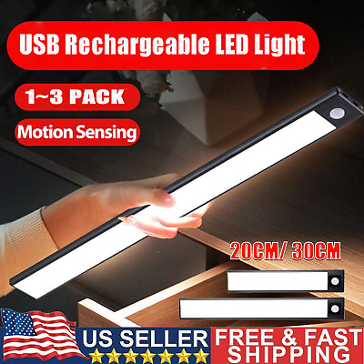 #ad 1 3x Wireless LED Motion Sensor Light Strip Cabinet Lamp Closet USB Rechargeable $21.29