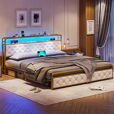 #ad King Size LED Bed Frame with Storage Headboard Upholstered Platform White amp; Gold $189.99