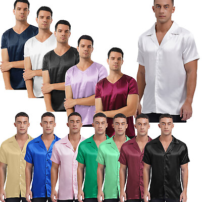 #ad US Men Silk Like T Shirt Shorts Sleeve Loose Tops Pajamas Blouse Tee Sleepwear $10.22