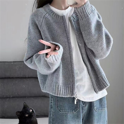 #ad 2023 Womens Loose Sweater Coat Thickened Zipper Long Sleeve Knitted Cardigan Top $43.11