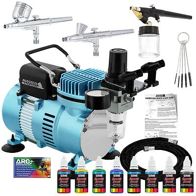 #ad Master 3 Airbrush Air Compressor Kit Holder 6 Primary Colors Acrylic Paint Set $139.99