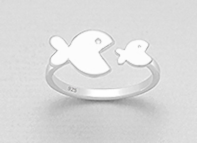 #ad CUTE 1.8g Solid Sterling Silver Big Fish Little Fish Ring Adjustable 8mm Wide $26.95