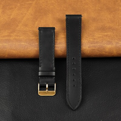 #ad 22mm Slim Black Watch Band Gold Buckle Full Gain Leather Casual Style For Men $14.24