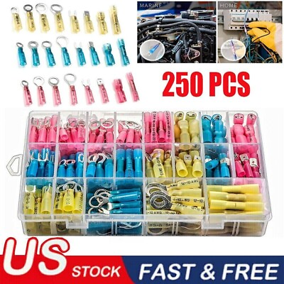 #ad 250x Heat Shrink Wire Connectors Electrical Ring Fork Spade Crimp Terminals Kit $13.59