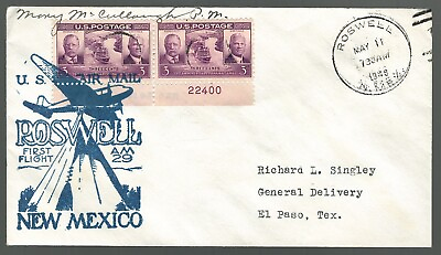 #ad Us First Flight Cover Roswell New Mexico to El Paso 1940 US Sc 856 Plate PM Sign $0.99