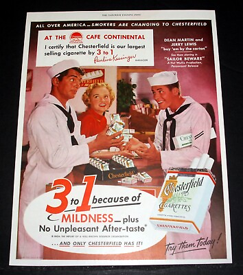 #ad 1952 OLD MAGAZINE PRINT AD CHESTERFIELD CICARETTES MARTIN amp; LEWIS ARE SAILORS $12.99