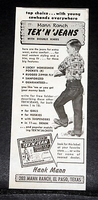 #ad 1952 OLD MAGAZINE PRINT AD HANK MANN RANCH TEX#x27;N JEANS EL PASO TX HORSESHOE $12.99