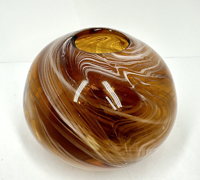 #ad Hand Blown Amber Art Glass Bowl Vase White Swirls 5quot; Tall MCM Decor $19.79
