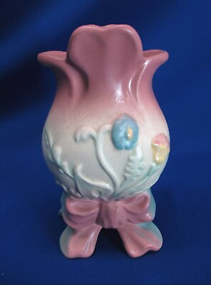 #ad HULL POTTERY BOW KNOT PINK amp; BLUE FOOTED 6.25quot;H X 3.25quot;W VASE $29.99