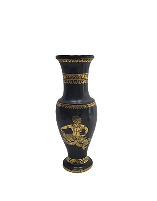 #ad Vintage Wooden Vase Greek Style Black amp; Gold Tone 9¼quot; H $13.90