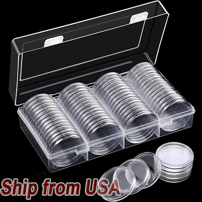 #ad 60Pcs 40mm Clear Coin Capsules Storage Box Holder Case Coins Container $11.99