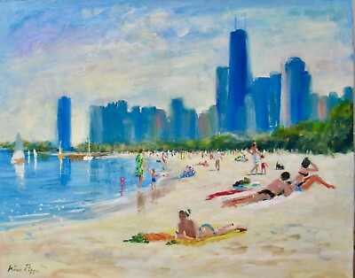 #ad Nino Pippa Artist Original Chicago Beach Scene Oil Painting COA 16quot; X 20quot; $1800.00