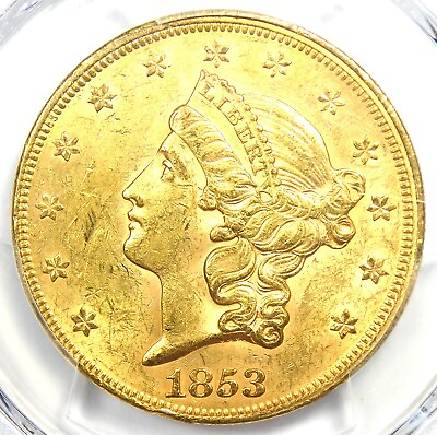 #ad 1853 Liberty Gold Double Eagle $20 Coin PCGS MS60 BU UNC $7000 Value $5495.75