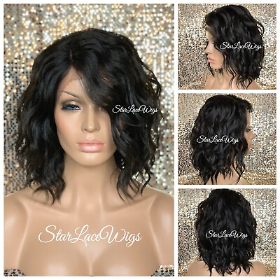 #ad Lace Front Hair Wig Bob Wavy Angled Side Part Jet Black #1 Synthetic Heat Safe $54.78
