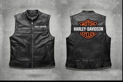 #ad Harley Davidson Men#x27;s Motorcycle Passing Link Black Biker Genuine Leather Vest $110.00