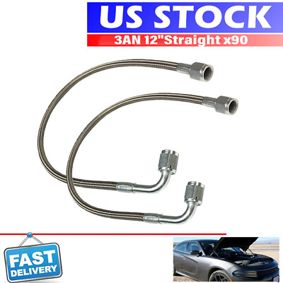 #ad 2pcs 3 AN 12quot; Stainless Braided TFE Brake Line Straight x 90° 3 Brake Hose NEW $23.70