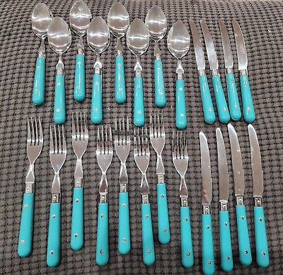 #ad Vintage lot Stainless Steel Flatware Taiwan Teal Blue knife fork spoon 24 pc $45.99