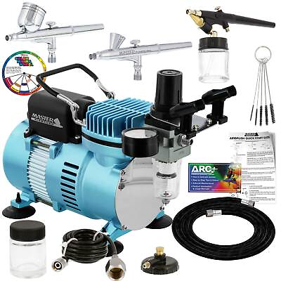 #ad Master 3 Airbrush Dual Fan Air Compressor Professional Kit Gravity Siphon Feed $129.99