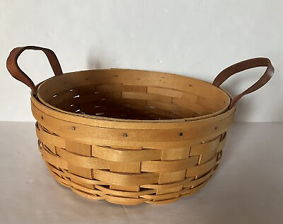 #ad Longaberger 2002 9.5” Round Gathering Basket w Dual Leather Hand EUC $29.99