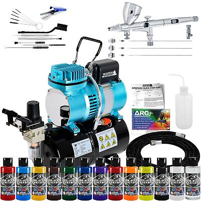 #ad MASTER Dual Action Airbrush amp; Compressor Kit 12 Wicked Paint Colors Hobby Art $325.99