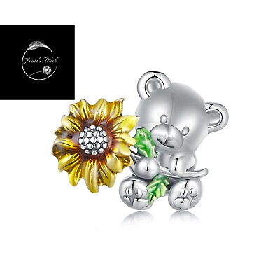 #ad Sterling Silver 925 I Love You Bear Flower Family Bead Charm For Bracelets Mum GBP 17.99