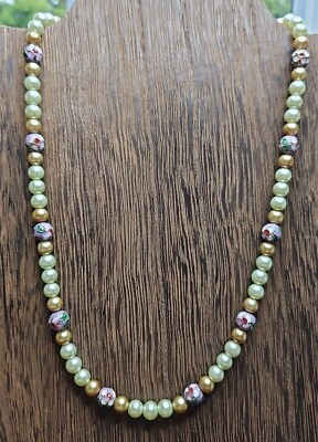 #ad Beautiful Vintage Faux Pearl and Cloisonne 20quot; Necklace $18.00