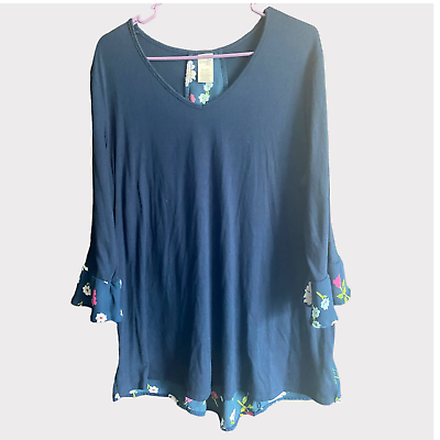 #ad Terra amp; Sky Womens 0X 14W Navy Blue Top V Neck Floral Accents $13.50