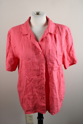 #ad Vtg Talbots 16 Coral Pink Short Sleeve Irish Linen Button Front Shirt Top $21.00