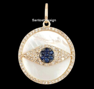 #ad Beautiful Evil Eye Diamond Mother Of Pearl Blue Sapphire Silver Charm Pendant $97.20