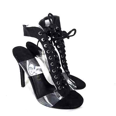 #ad NEW Mackin J Open Toe Stiletto Heels Transparent Lace Up Sandals Black Size 7 $18.75