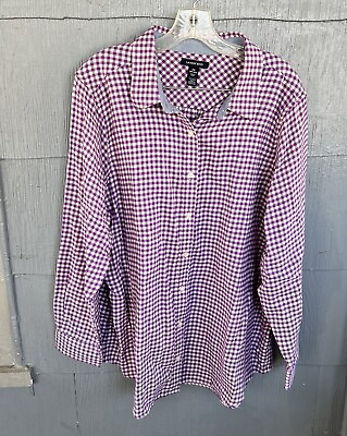 #ad Lands End Flannel Top Button Up Womens 2X Purple White Check Gingham Blouse $23.99
