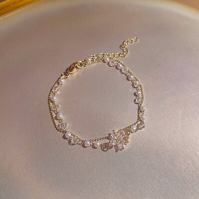 #ad Fashion Double Layer Zircon Crystal Pearl Flower Bracelet Women Wedding Jewelry C $2.22