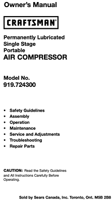 Craftsman AIR COMPRESSOR 919.724300 OWNERS MANUAL * MANUAL ONLY * $13.45