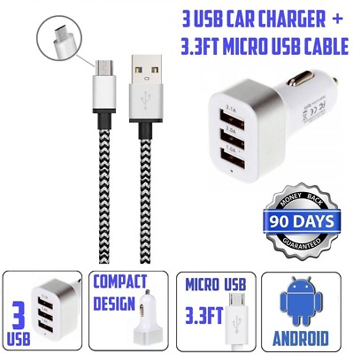 #ad Three USB Universal CAR CHARGER 3 Port Adapter 4.1A Tangle Free Micro USB Cable $6.99
