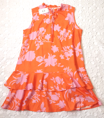 #ad New La Mode Shift Dress Hawaiian Orange Pink Floral Tiered Hem Keyhole XL Women $13.99