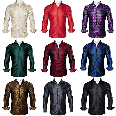 #ad Men Silk Shirt Button Dress Shirts Paisley Long Sleeve Shirts Formal Work Casual $19.99