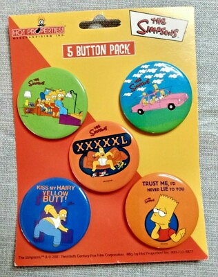 #ad Vintage HOT PROPERTIES THE Simpsons 5 Button Pack Year 2001 yellow butt pink car $6.99