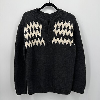 #ad Handmade Sweater Fits Mens M Gray Ivory Chunky Hand Knit Intarsia Henley $34.99