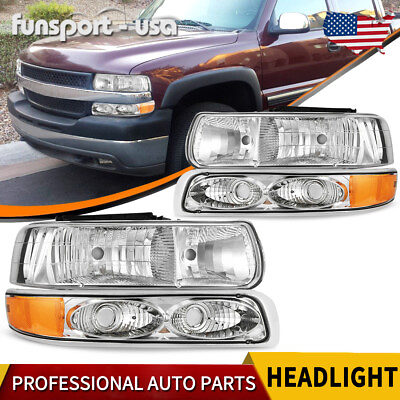 #ad For 99 02 Chevy Silverado 00 06 Tahoe 1500 2500 Chrome Headlights Bumper Lamps $56.99