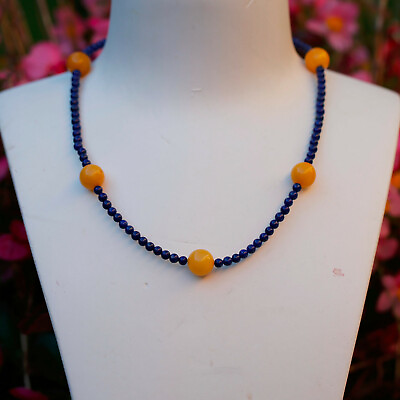 #ad AD111 Natural Baltic Honey Amber natural Lapis Lazuli necklace silver clasp 43cm AU $179.99