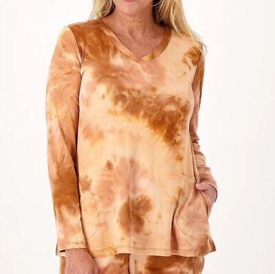 #ad LOGO Lounge by Lori Goldstein 2X Brown Brushed Tie Dye V Neck Long Sleeve Top $22.99
