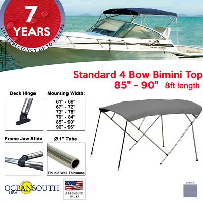 #ad Standard BIMINI TOP 4 Bow Boat Cover Gray 85quot; 90quot; Wide 8ft Long W Rear Poles $170.10