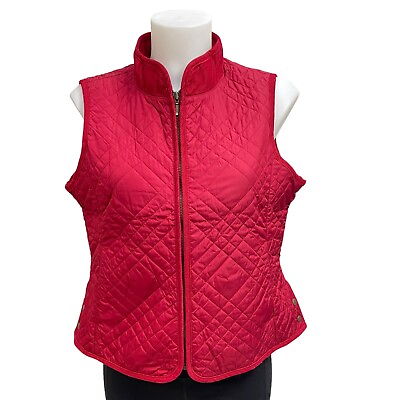 #ad J. Jill Bright Red Lightweight Quilted Full zip vest smocked side small petite $59.99