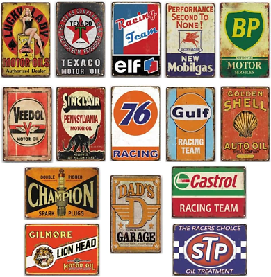 #ad 15 Pieces Old Gas Oil Retro SignsDecorative Vintage Tin Metal Signs for Wall Ar $76.80