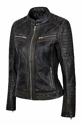 #ad Women#x27;s Black Slim Fit Biker Real Lambskin Stylish Motorcycle Leather Jacket $29.99
