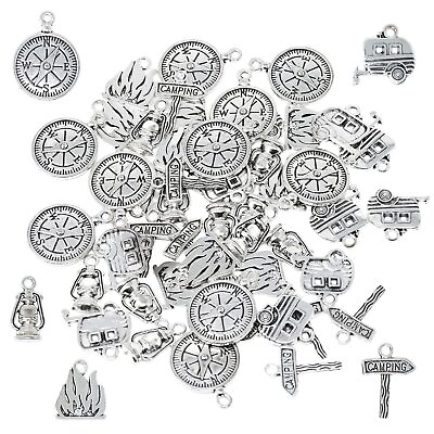 #ad 50PCS Alloy Camping Charms Pendant Camper Trailer Compass Fire Camping Sign O... $18.76