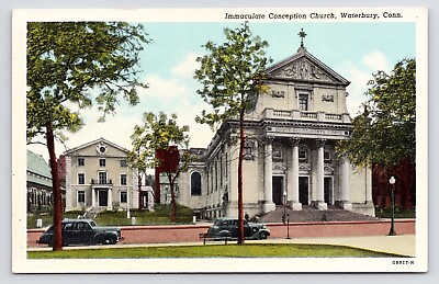 #ad c1940s Immaculate Conception Church Exterior Waterbury Connecticut CT Postcard $6.25